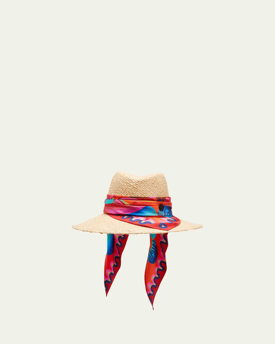 Kate Raffia Straw Fedora With Silk Scarf